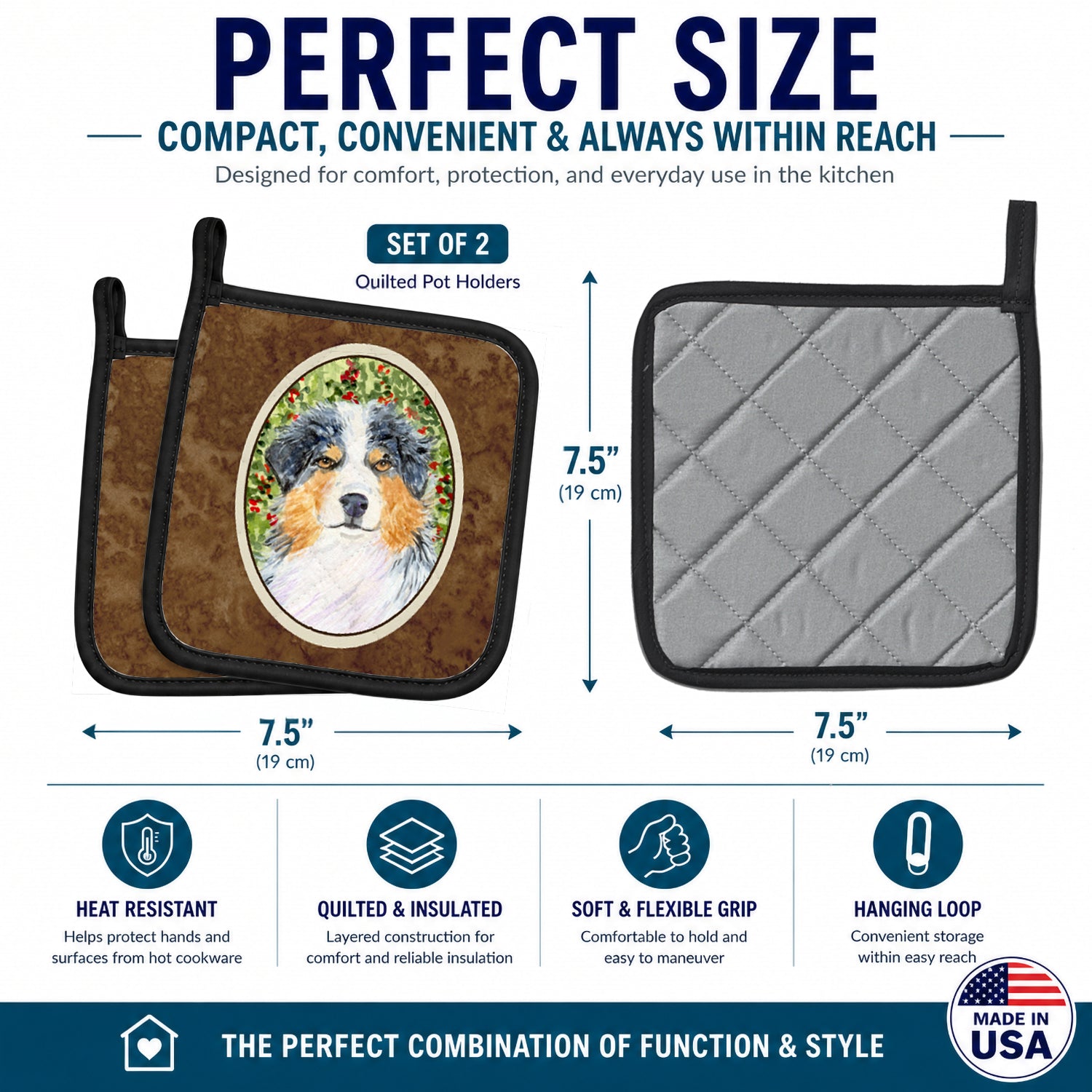 Australian Shepherd Pot Holder Set of 2 Heat Resistant Quilted Hot Pads 7.5 x 7.5 Inch, Insulated Kitchen Trivets for Cooking & Baking