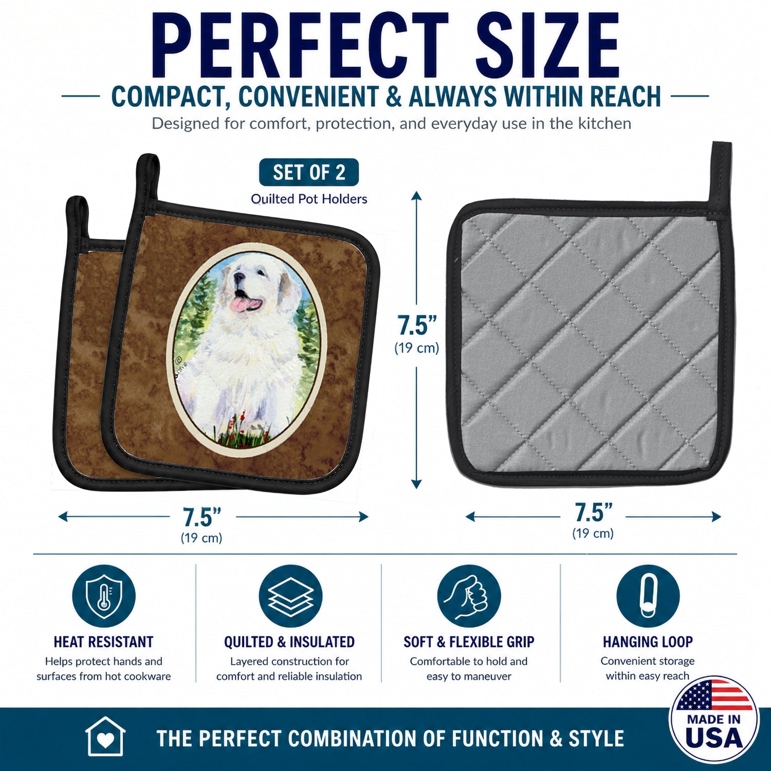 Great Pyrenees Pot Holder Set of 2 Heat Resistant Quilted Hot Pads 7.5 x 7.5 Inch, Insulated Kitchen Trivets for Cooking & Baking