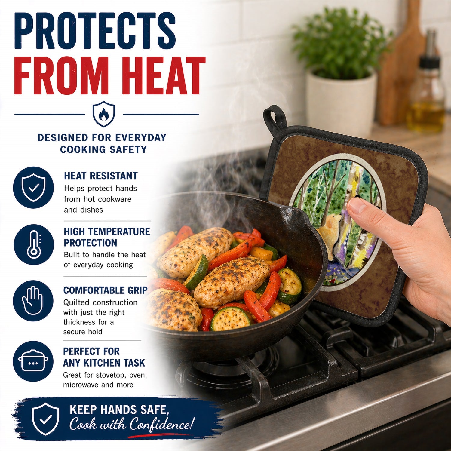Golden Retriever Pot Holder Set of 2 Heat Resistant Quilted Hot Pads 7.5 x 7.5 Inch, Insulated Kitchen Trivets for Cooking & Baking