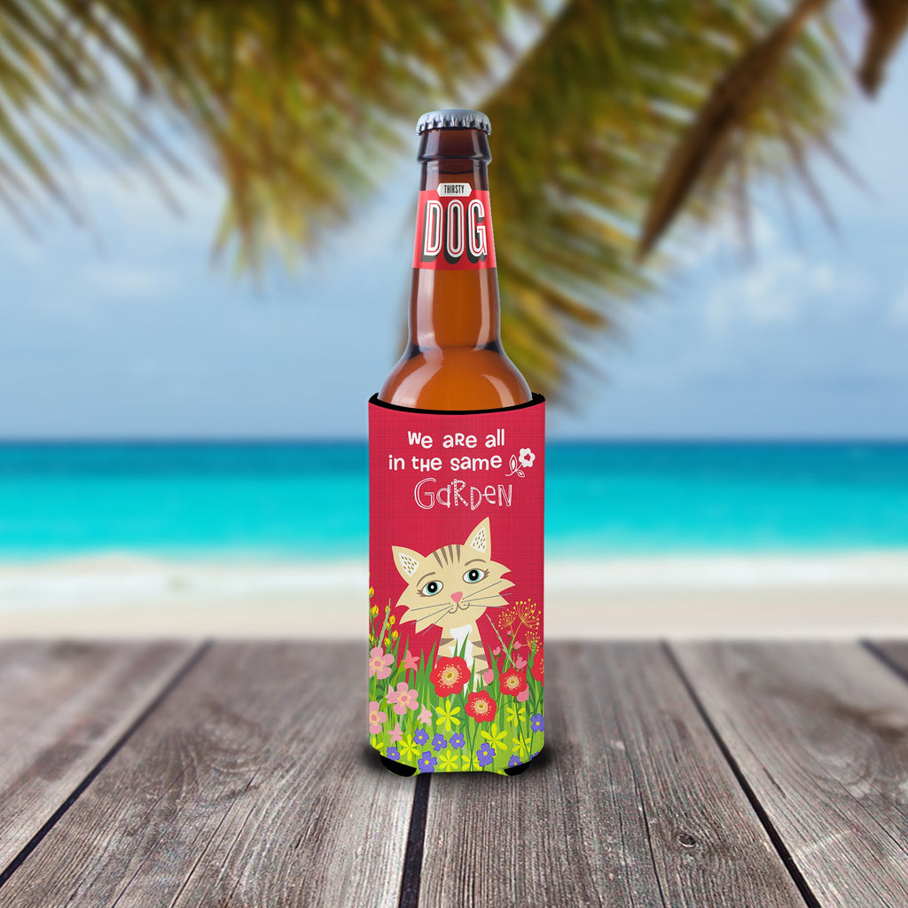Garden Cat Slim Can Hugger , Insulated Foam Hugger for 12 oz Slim Cans, Beer Bottles & Water Bottles, Printed in USA