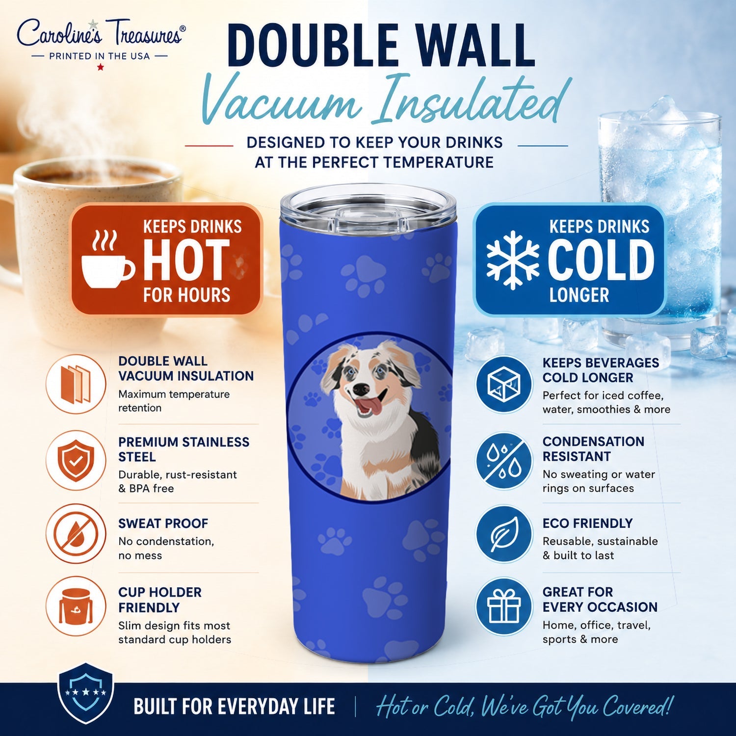 Australian Shepherd Blue Merle Puppy #1  Stainless Steel Skinny Tumbler 20 oz Vacuum Double Walled Reusable Insulated Travel Cup