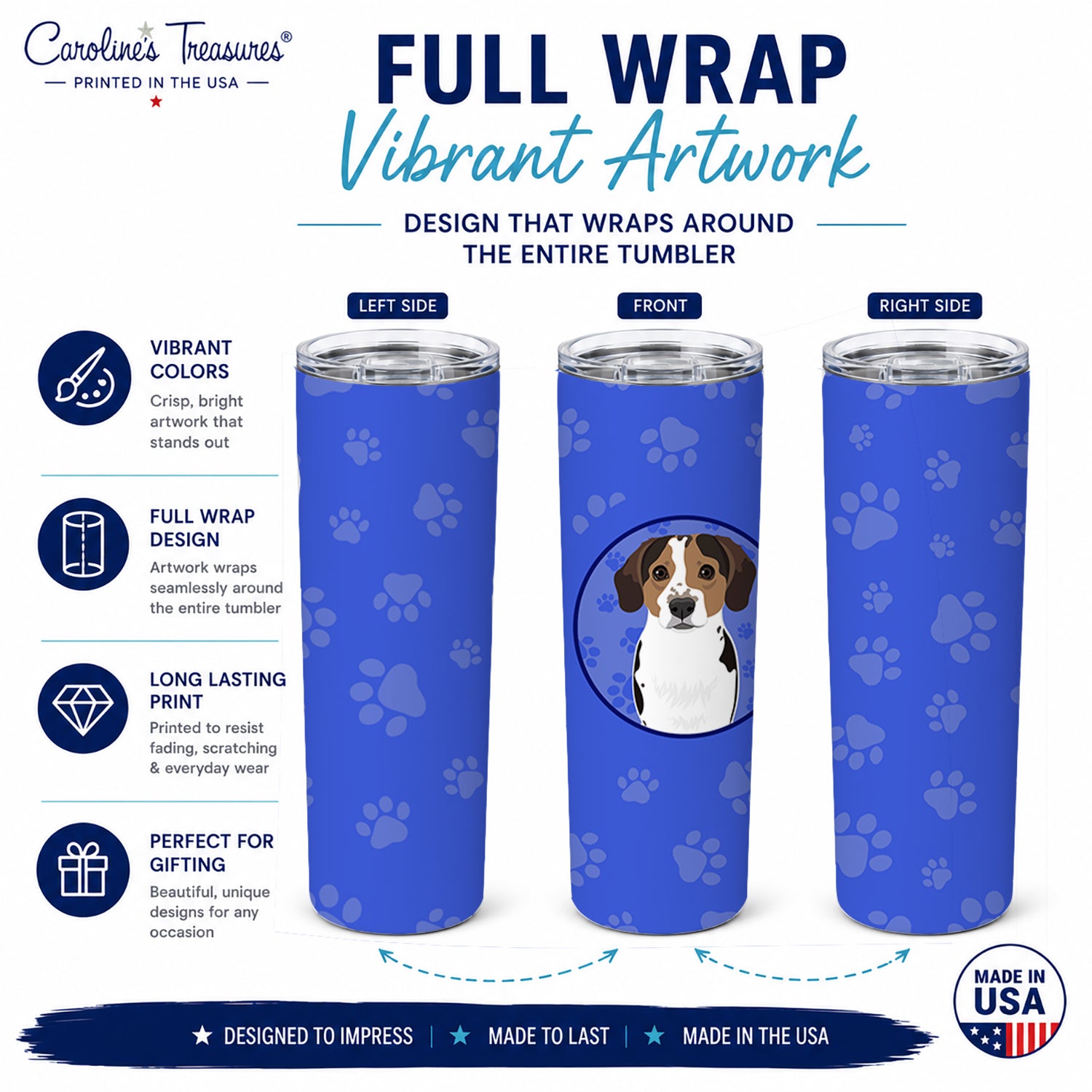 Beagle Tricolor Ticked  Stainless Steel Skinny Tumbler 20 oz Vacuum Double Walled Reusable Insulated Travel Cup
