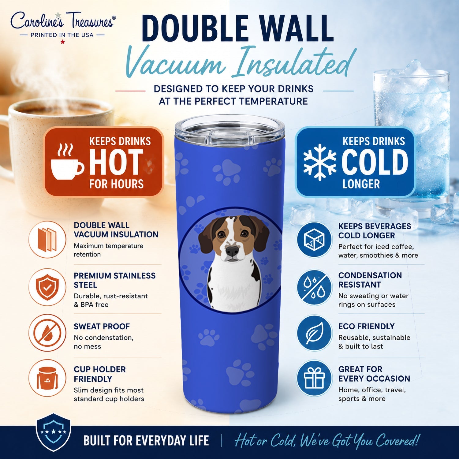 Beagle Tricolor Ticked  Stainless Steel Skinny Tumbler 20 oz Vacuum Double Walled Reusable Insulated Travel Cup