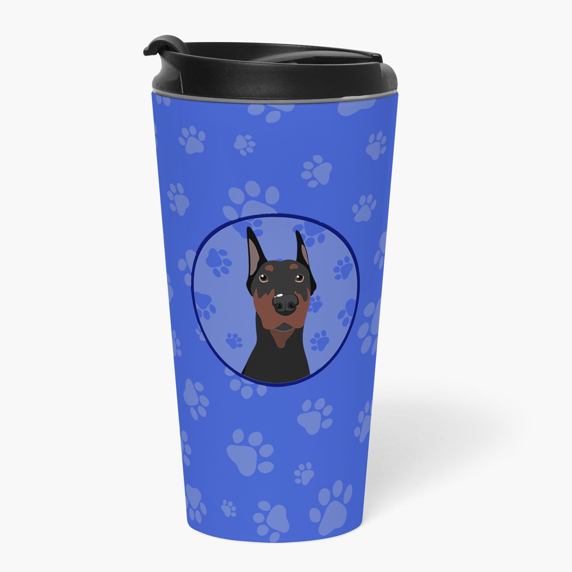 Doberman Pinscher Black Cropped Ears  Stainless Steel 16 oz  Tumbler Blue Insulated Tumbler with Lid, Cute Travel Cup for Coffee, Cocktails, Gift Men, Dad, Women, Mother