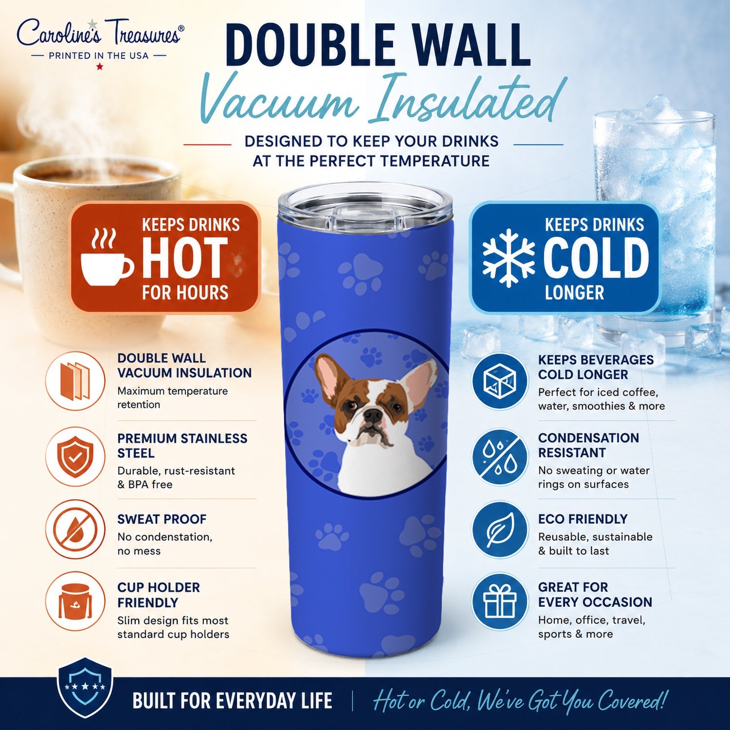 French Bulldog White #2  Stainless Steel Skinny Tumbler 20 oz Vacuum Double Walled Reusable Insulated Travel Cup