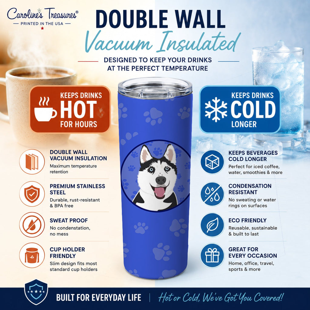 Siberian Husky Black and White #2  Stainless Steel Skinny Tumbler 20 oz Vacuum Double Walled Reusable Insulated Travel Cup