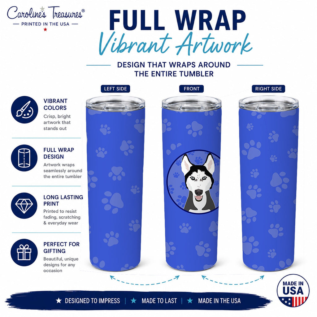 Siberian Husky Black and White #3  Stainless Steel Skinny Tumbler 20 oz Vacuum Double Walled Reusable Insulated Travel Cup