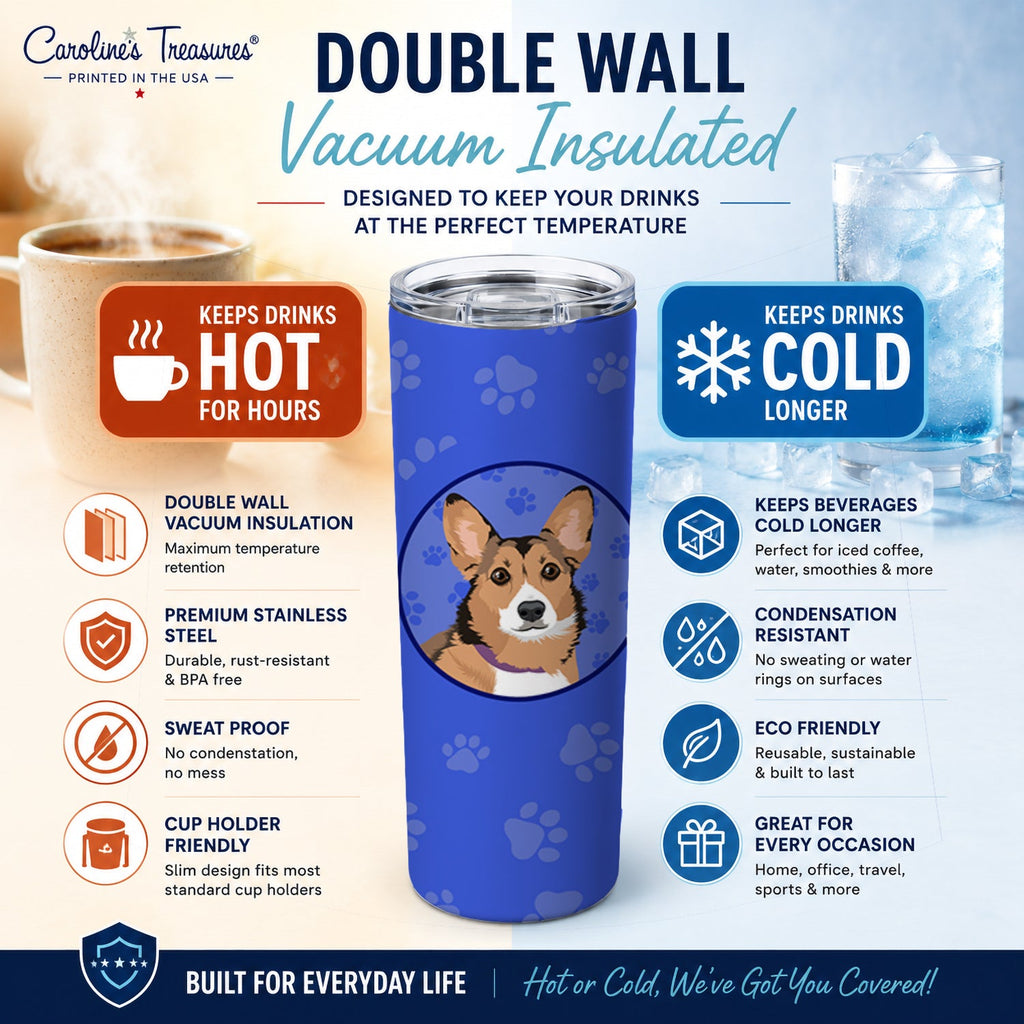 Pembroke Welsh Corgi Sable and White  Stainless Steel Skinny Tumbler 20 oz Vacuum Double Walled Reusable Insulated Travel Cup