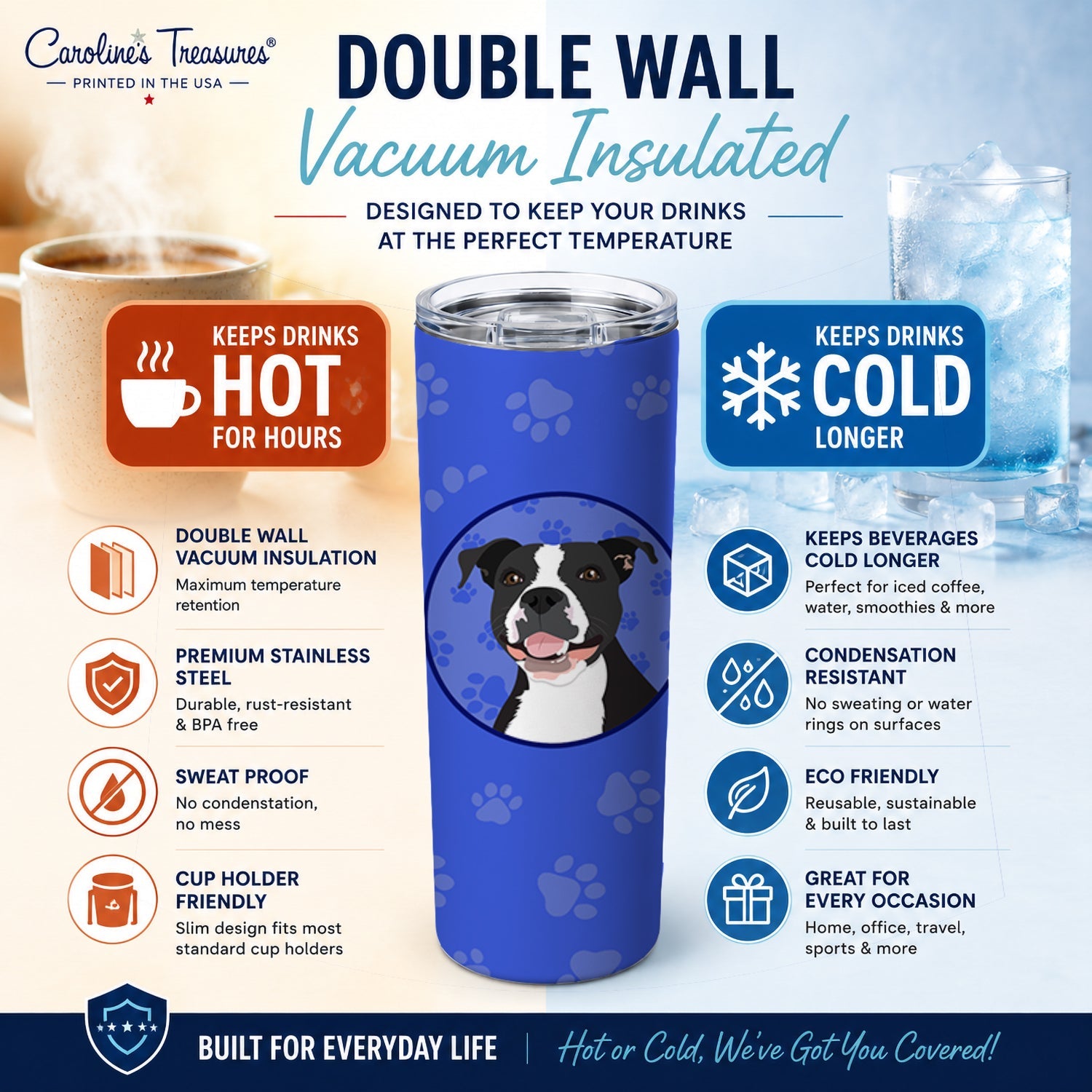 Pit Bull Black #3  Stainless Steel Skinny Tumbler 20 oz Vacuum Double Walled Reusable Insulated Travel Cup