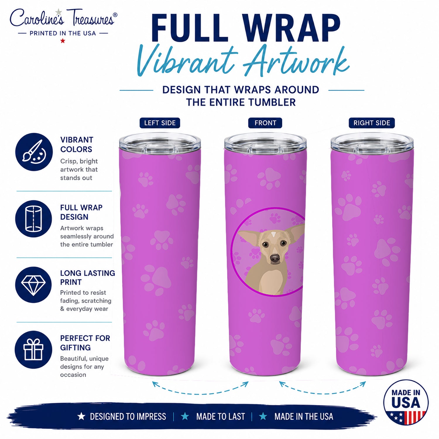 Chihuahua Silver Stainless Steel Skinny Tumbler 20 oz Vacuum Double Walled Reusable Insulated Travel Cup