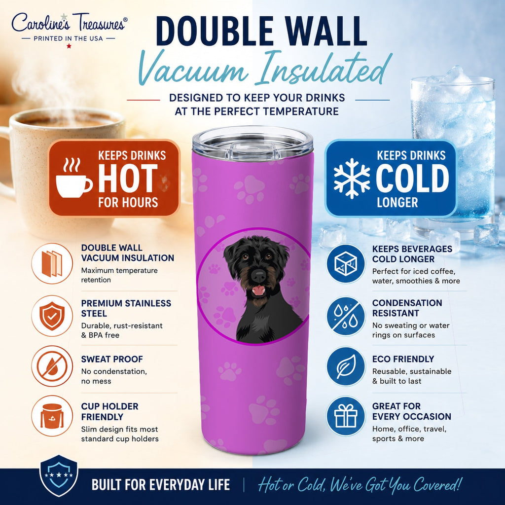 Doodle Black and Tan Stainless Steel Skinny Tumbler 20 oz Vacuum Double Walled Reusable Insulated Travel Cup
