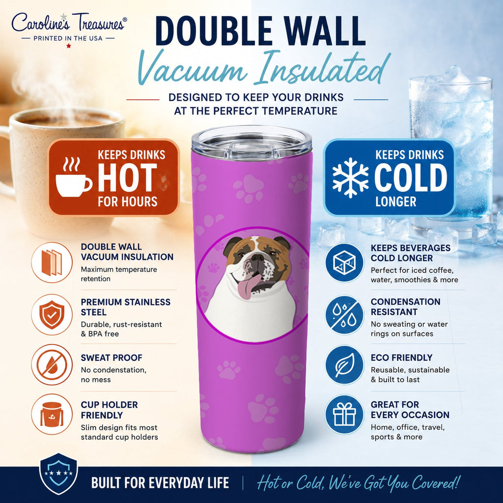 English Bulldog Tricolor #1 Stainless Steel Skinny Tumbler 20 oz Vacuum Double Walled Reusable Insulated Travel Cup