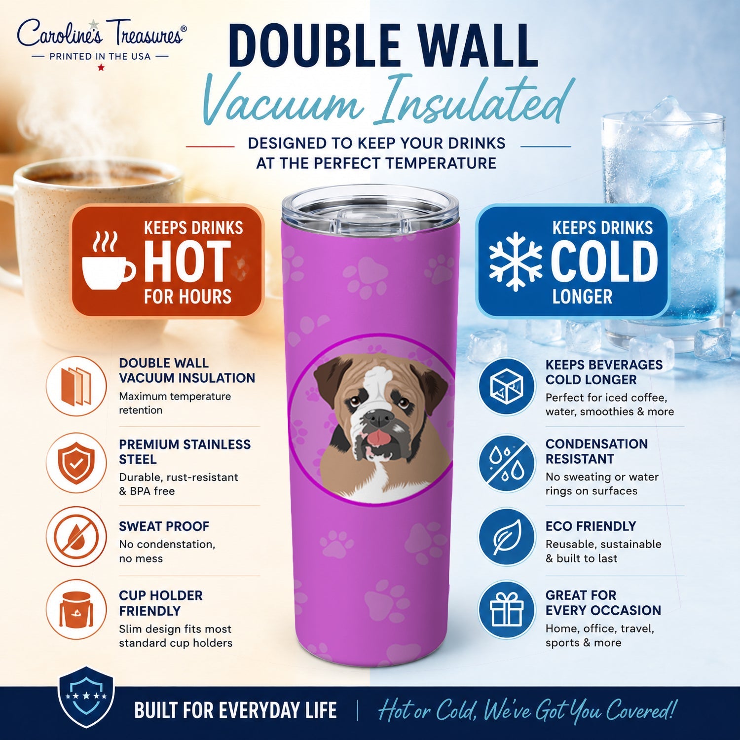 English Bulldog Tricolor #4 Stainless Steel Skinny Tumbler 20 oz Vacuum Double Walled Reusable Insulated Travel Cup