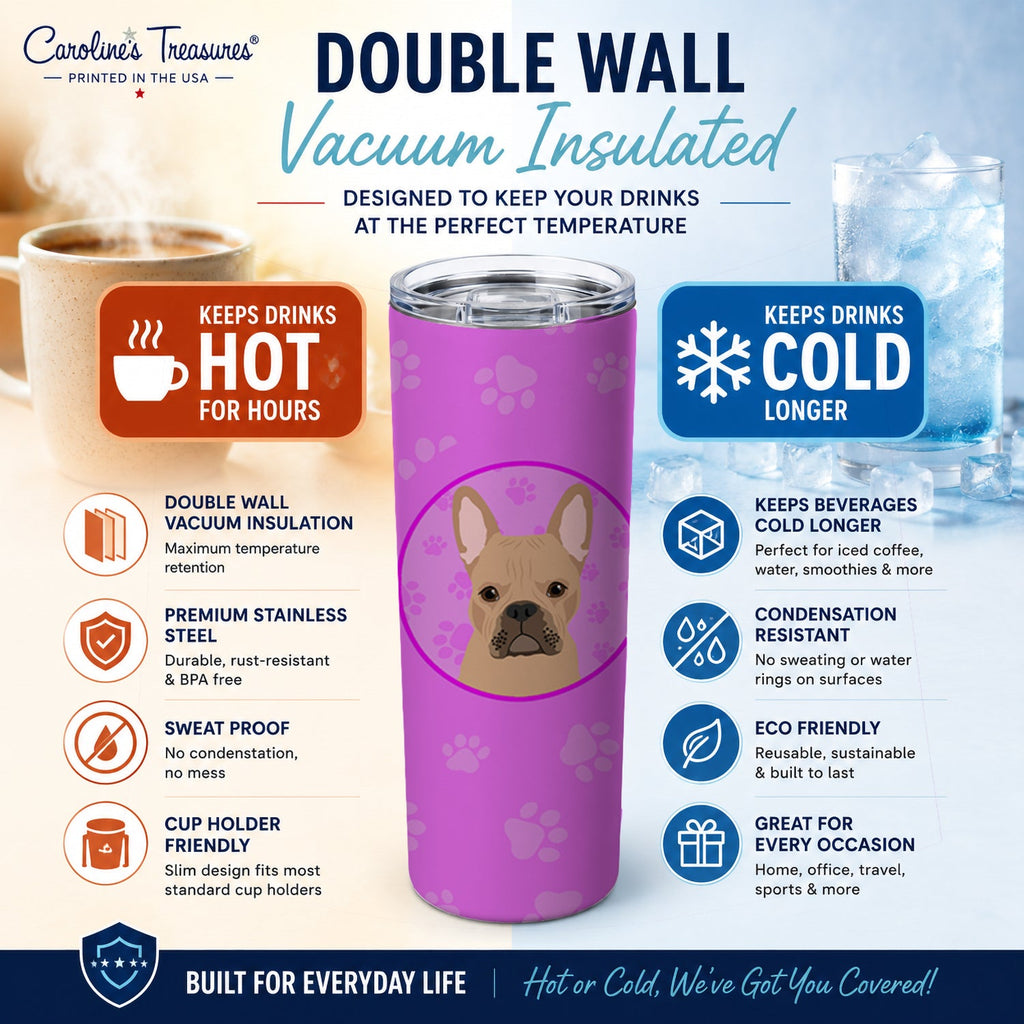 French Bulldog Cream Stainless Steel Skinny Tumbler 20 oz Vacuum Double Walled Reusable Insulated Travel Cup