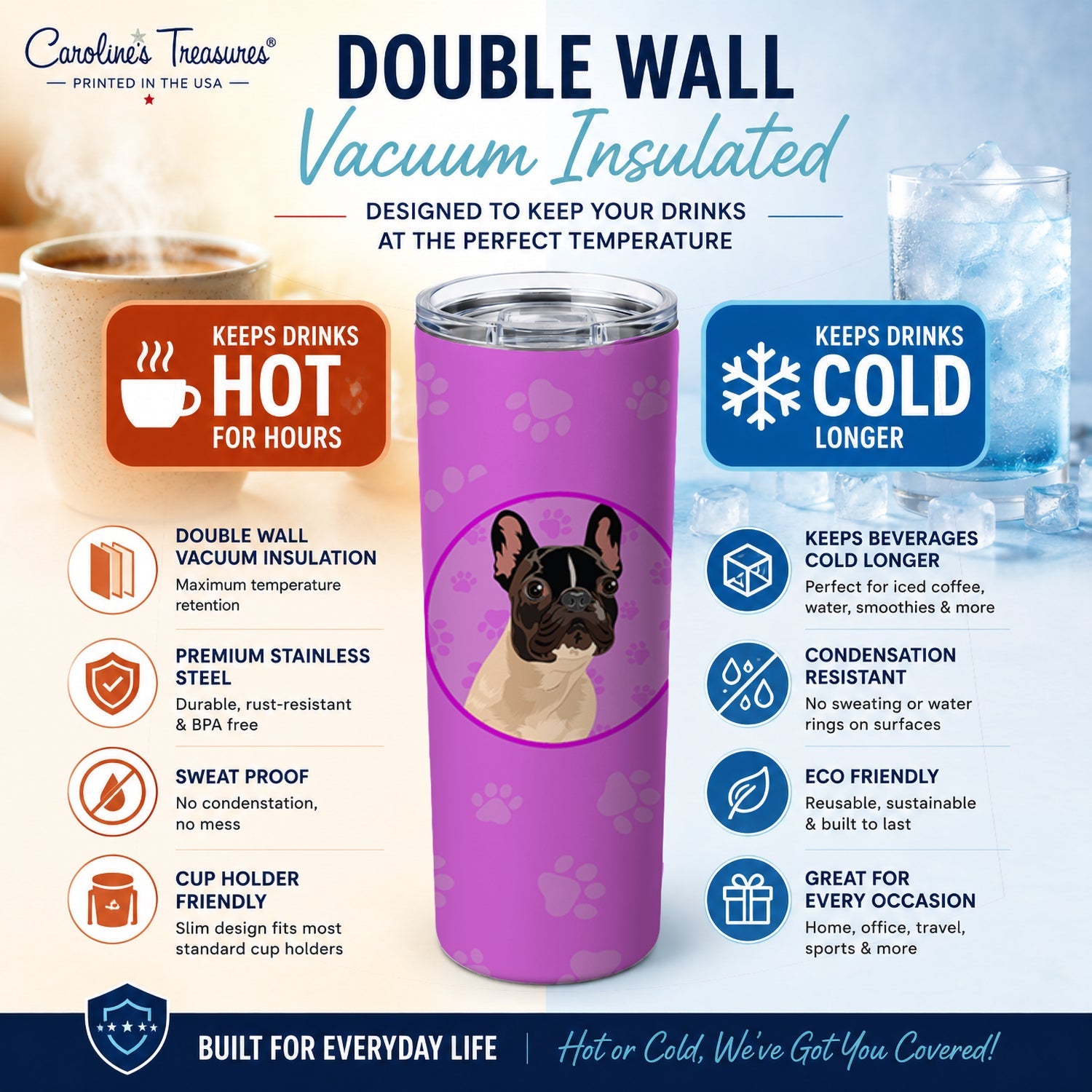 French Bulldog Fawn #3 Stainless Steel Skinny Tumbler 20 oz Vacuum Double Walled Reusable Insulated Travel Cup