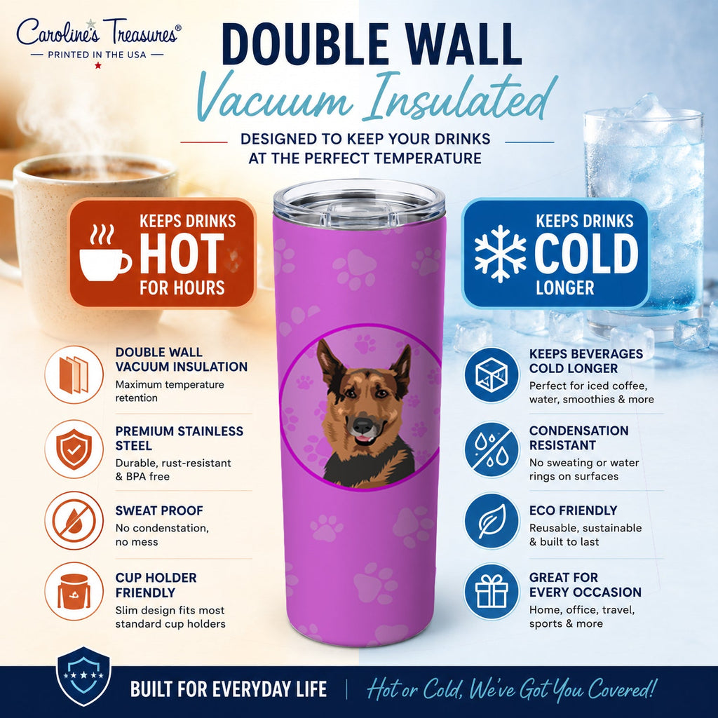German Shepherd Red Sable Stainless Steel Skinny Tumbler 20 oz Vacuum Double Walled Reusable Insulated Travel Cup