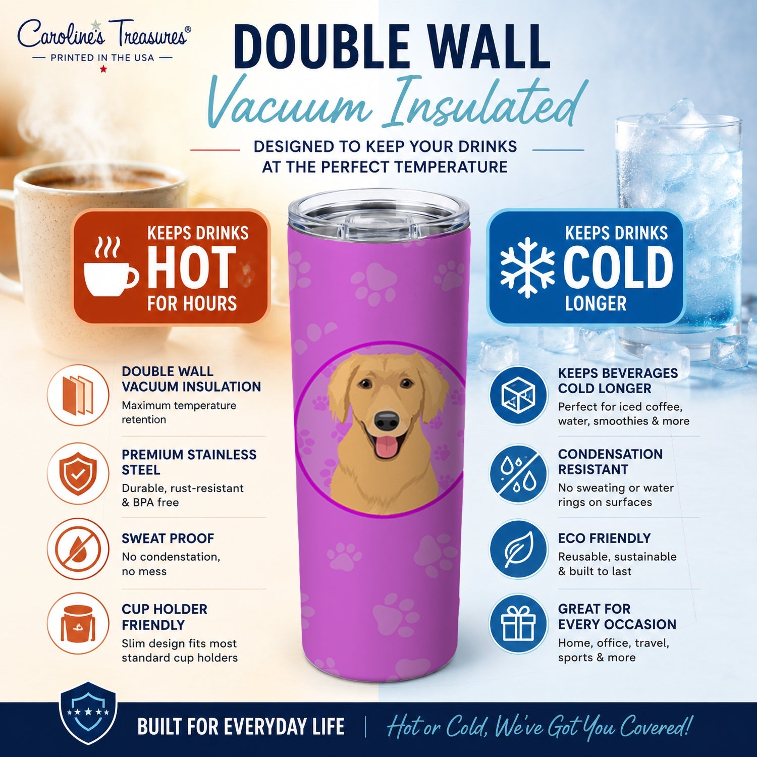 Golden Retriever Gold #2 Stainless Steel Skinny Tumbler 20 oz Vacuum Double Walled Reusable Insulated Travel Cup