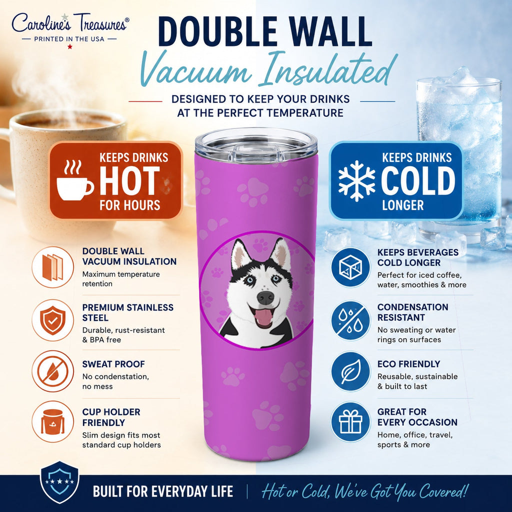 Siberian Husky Black and White #2 Stainless Steel Skinny Tumbler 20 oz Vacuum Double Walled Reusable Insulated Travel Cup