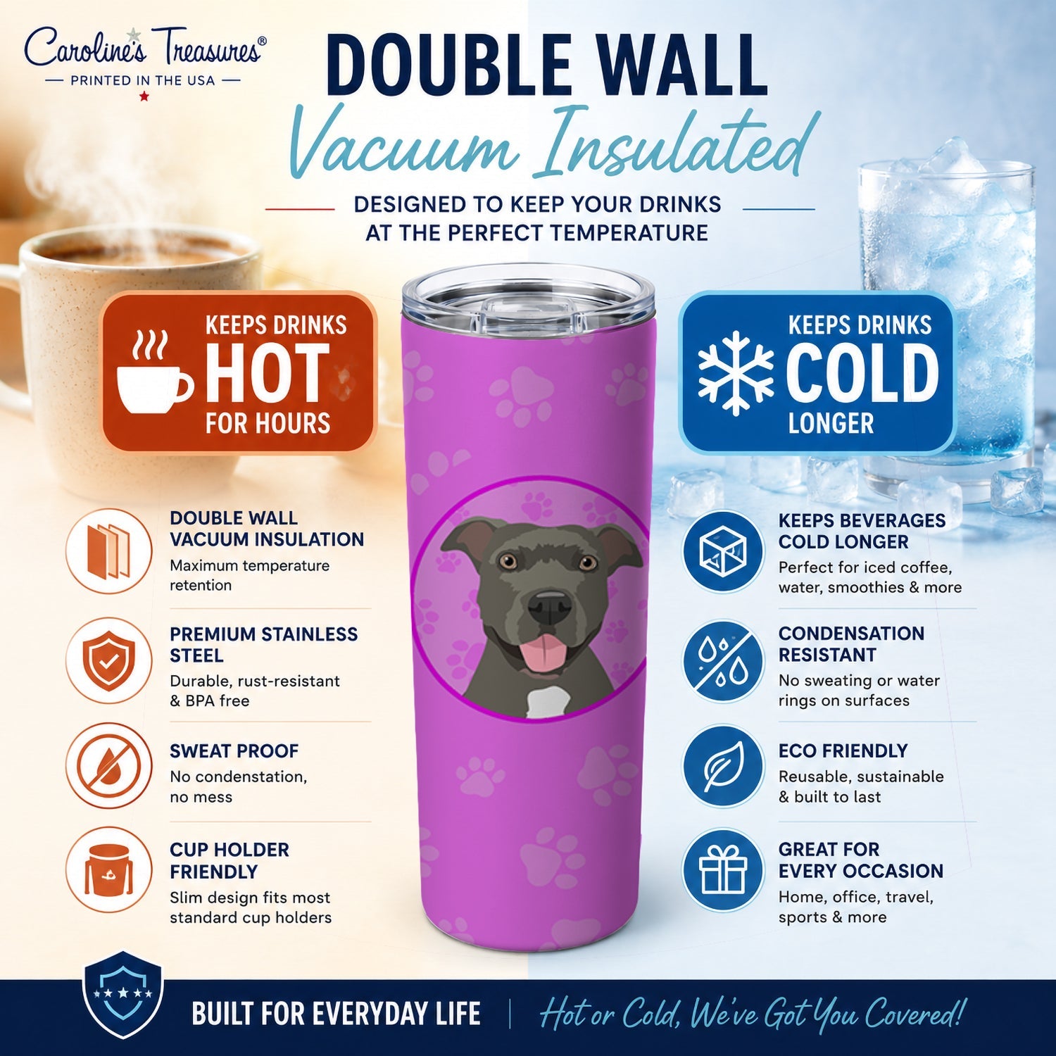 Pit Bull Blue #3 Stainless Steel Skinny Tumbler 20 oz Vacuum Double Walled Reusable Insulated Travel Cup