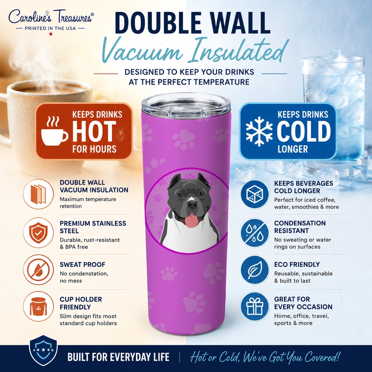 Pit Bull Blue #7 Stainless Steel Skinny Tumbler 20 oz Vacuum Double Walled Reusable Insulated Travel Cup