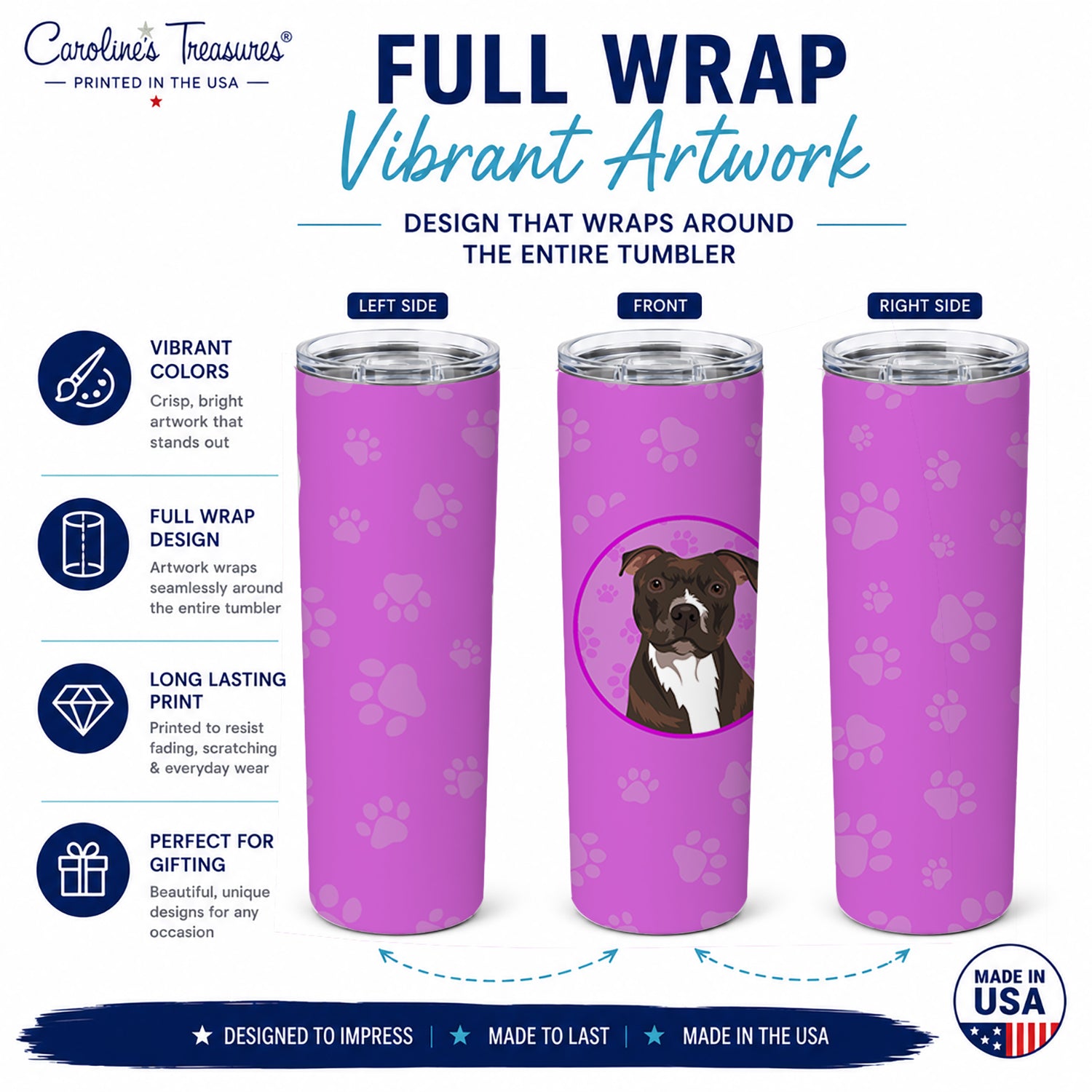 Pit Bull Brindle #2 Stainless Steel Skinny Tumbler 20 oz Vacuum Double Walled Reusable Insulated Travel Cup