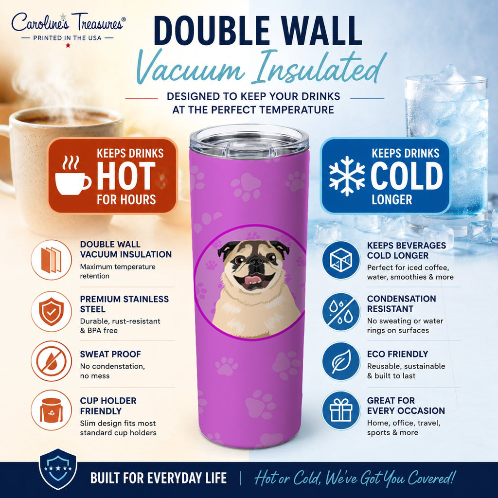 Pug Fawn #5 Stainless Steel Skinny Tumbler 20 oz Vacuum Double Walled Reusable Insulated Travel Cup