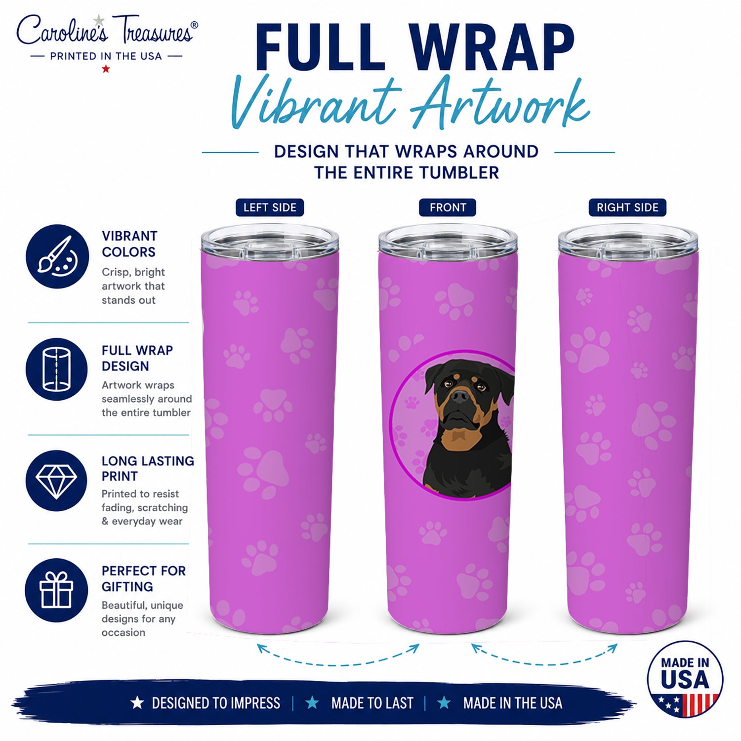 Rottweiler Black and Mahogany Stainless Steel Skinny Tumbler 20 oz Vacuum Double Walled Reusable Insulated Travel Cup