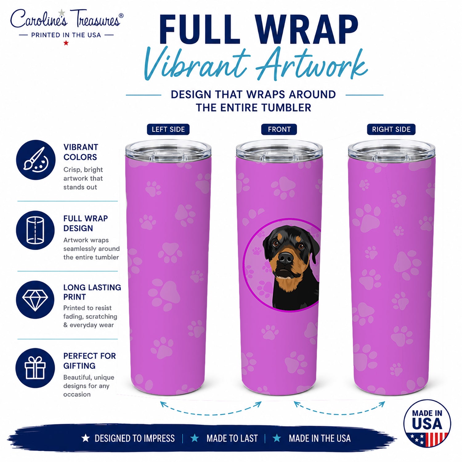 Rottweiler Black and Rust Stainless Steel Skinny Tumbler 20 oz Vacuum Double Walled Reusable Insulated Travel Cup