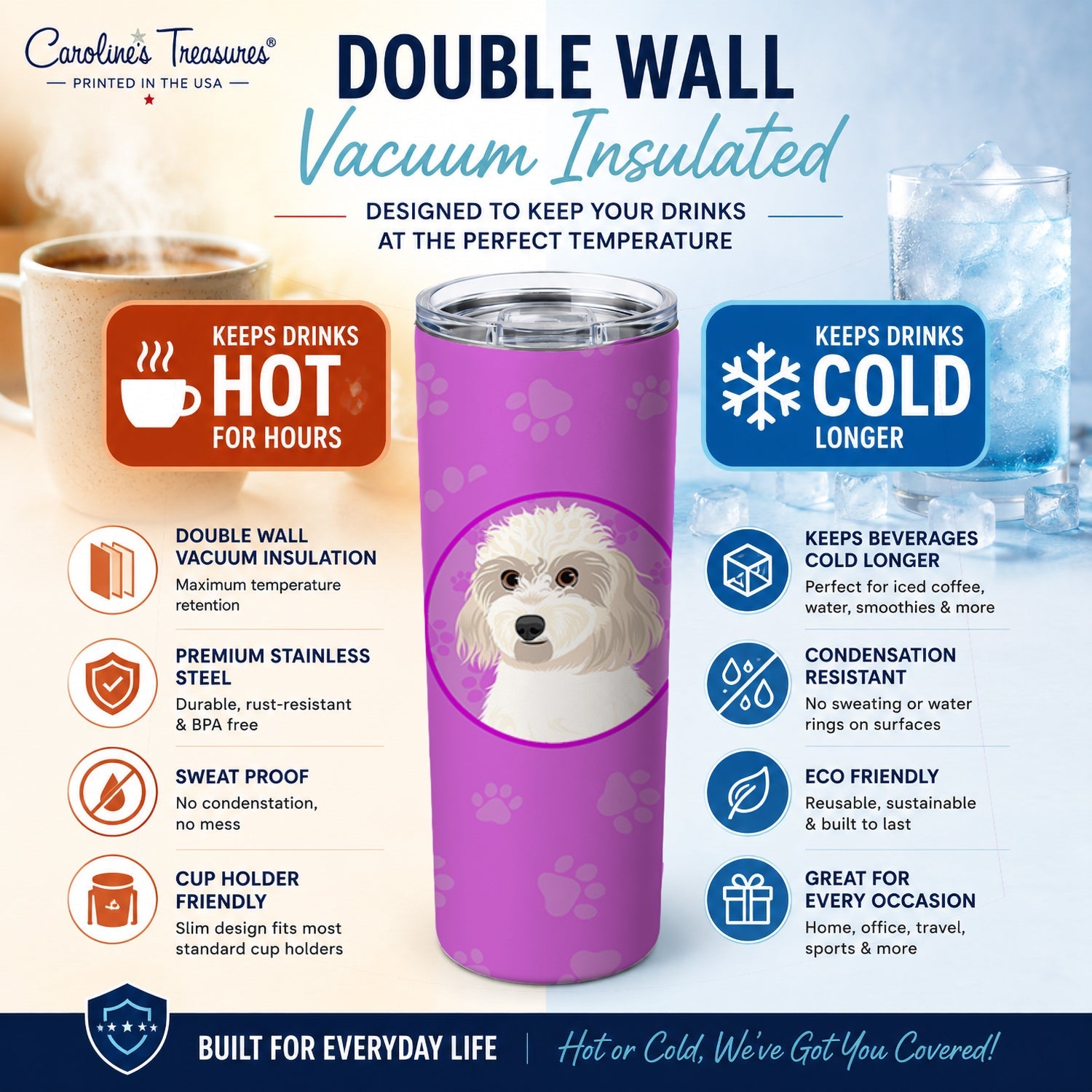 Shih-Tzu Gold #7 Stainless Steel Skinny Tumbler 20 oz Vacuum Double Walled Reusable Insulated Travel Cup