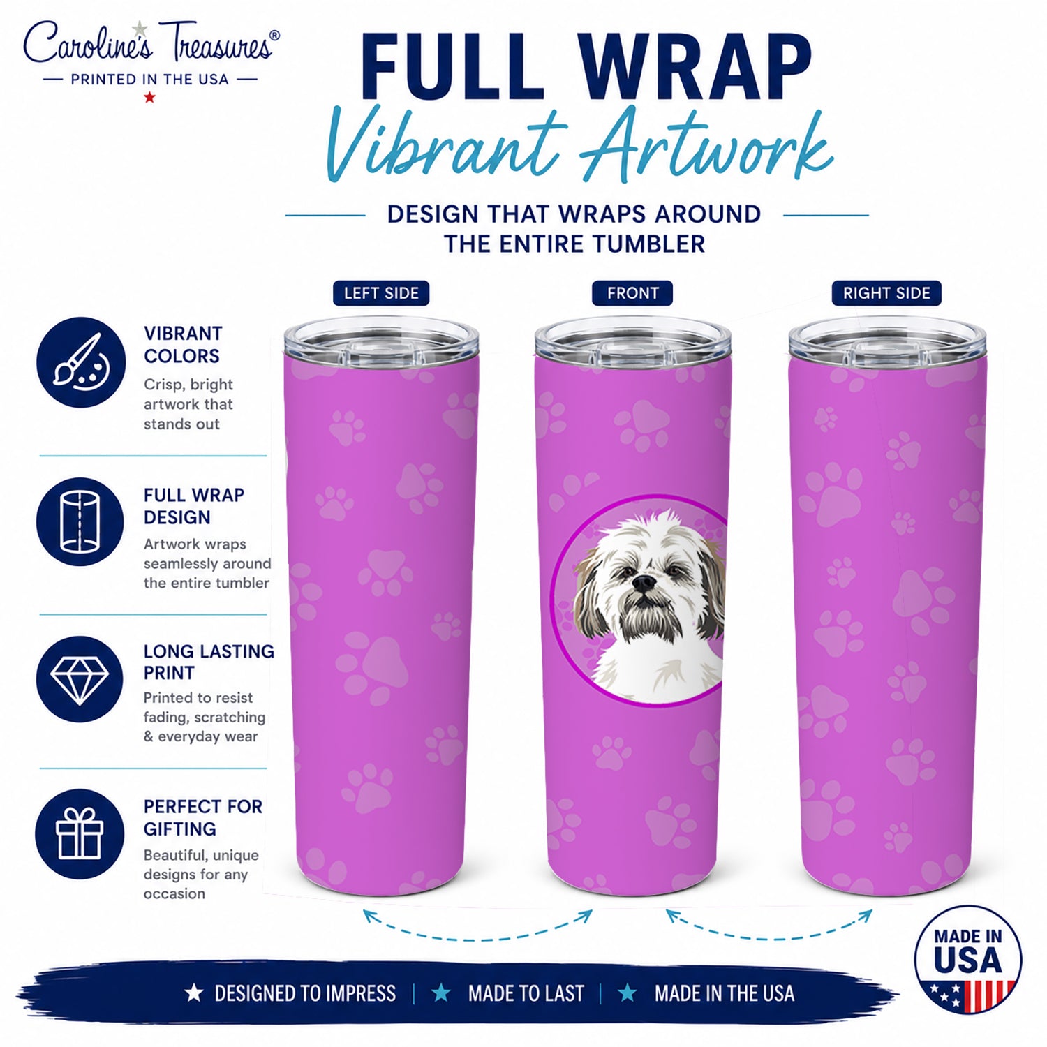 Shih-Tzu Silver Gold and White #1 Stainless Steel Skinny Tumbler 20 oz Vacuum Double Walled Reusable Insulated Travel Cup