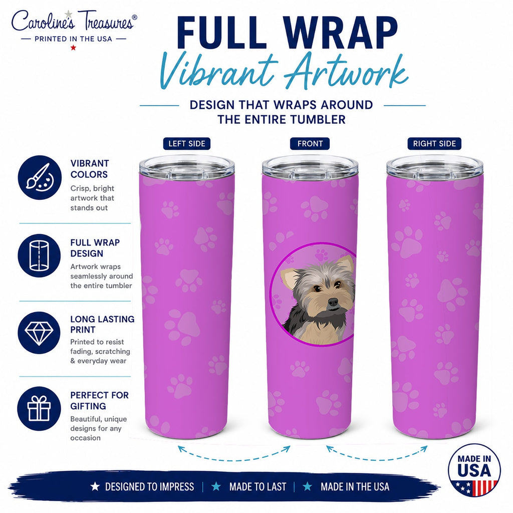 Yorkie Blue and Tan #2 Stainless Steel Skinny Tumbler 20 oz Vacuum Double Walled Reusable Insulated Travel Cup