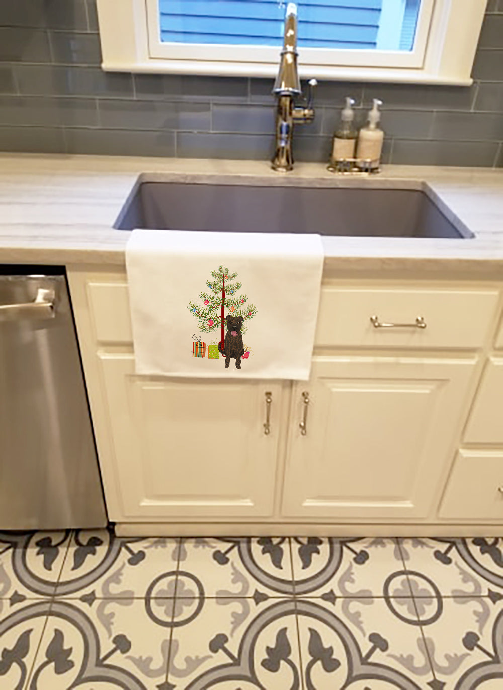 Pit Bull Brindle #1 Christmas Kitchen Towel Set of 2 White Dish Towels Decorative Bathroom Hand towel for Hand, Face, Hair, Yoga, Tea, Dishcloth, 19 X 28", White