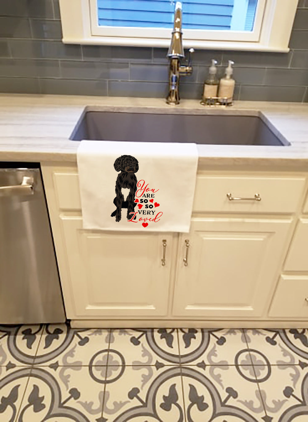Doodle Black and White #2 so Loved Kitchen Towel Set of 2 White Dish Towels Decorative Bathroom Hand towel for Hand, Face, Hair, Yoga, Tea, Dishcloth, 19 X 28", White