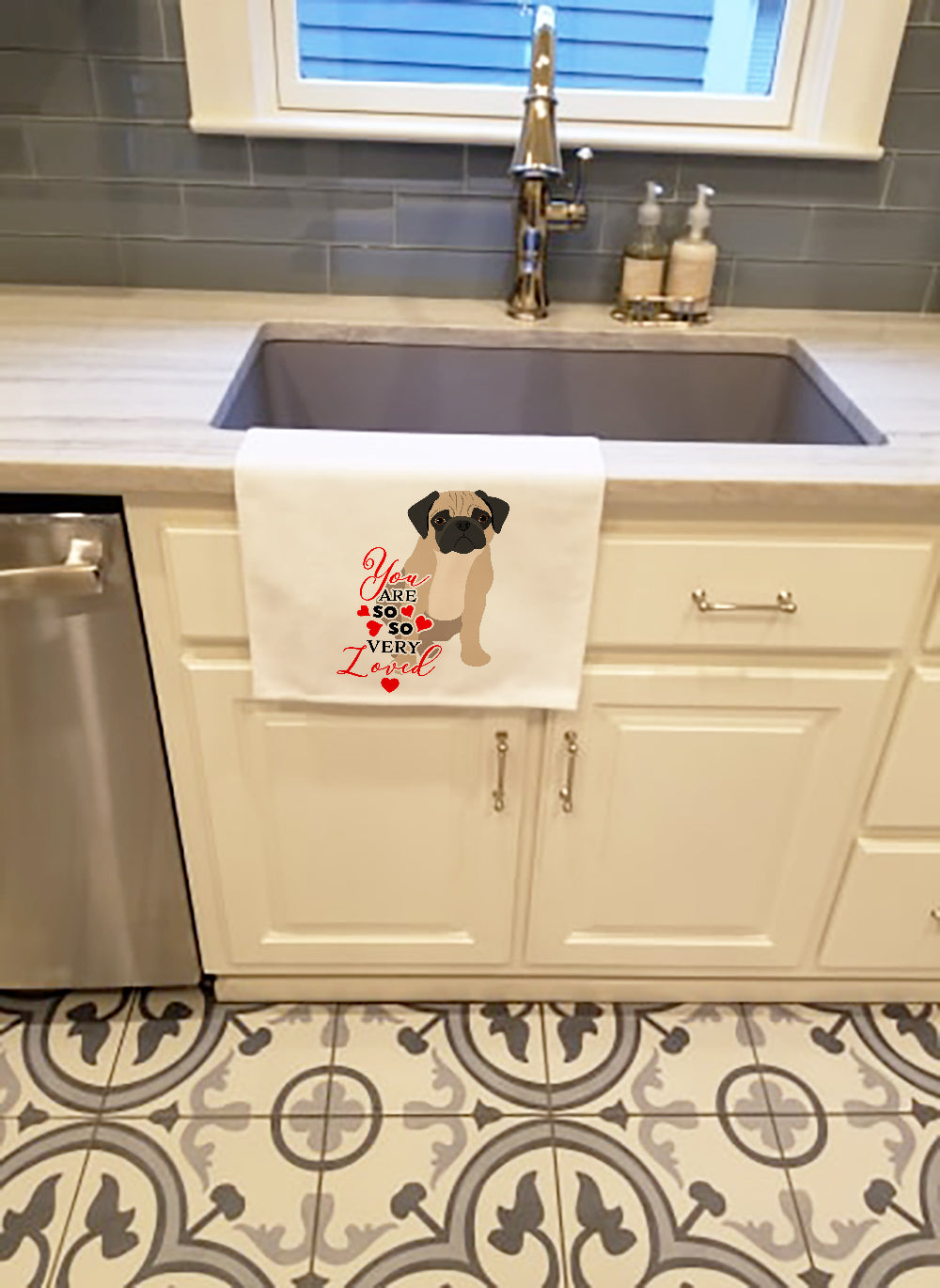 Pug Fawn #3 so Loved Kitchen Towel Set of 2 White Dish Towels Decorative Bathroom Hand towel for Hand, Face, Hair, Yoga, Tea, Dishcloth, 19 X 28", White