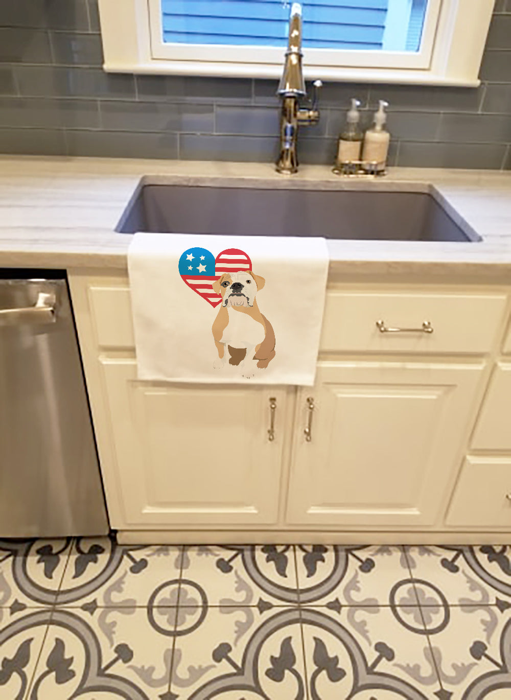 English Bulldog Fawn and White Patriotic Kitchen Towel Set of 2 White Dish Towels Decorative Bathroom Hand towel for Hand, Face, Hair, Yoga, Tea, Dishcloth, 19 X 28", White