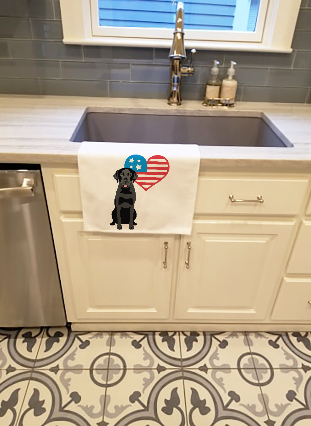Labrador Retriever Black #3 Patriotic Kitchen Towel Set of 2 White Dish Towels Decorative Bathroom Hand towel for Hand, Face, Hair, Yoga, Tea, Dishcloth, 19 X 28", White