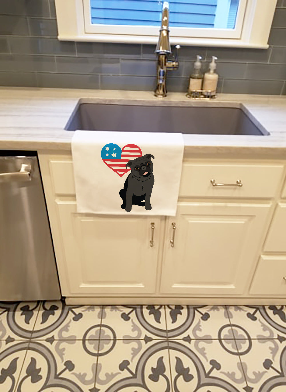 Pug Black #1 Patriotic Kitchen Towel Set of 2 White Dish Towels Decorative Bathroom Hand towel for Hand, Face, Hair, Yoga, Tea, Dishcloth, 19 X 28", White