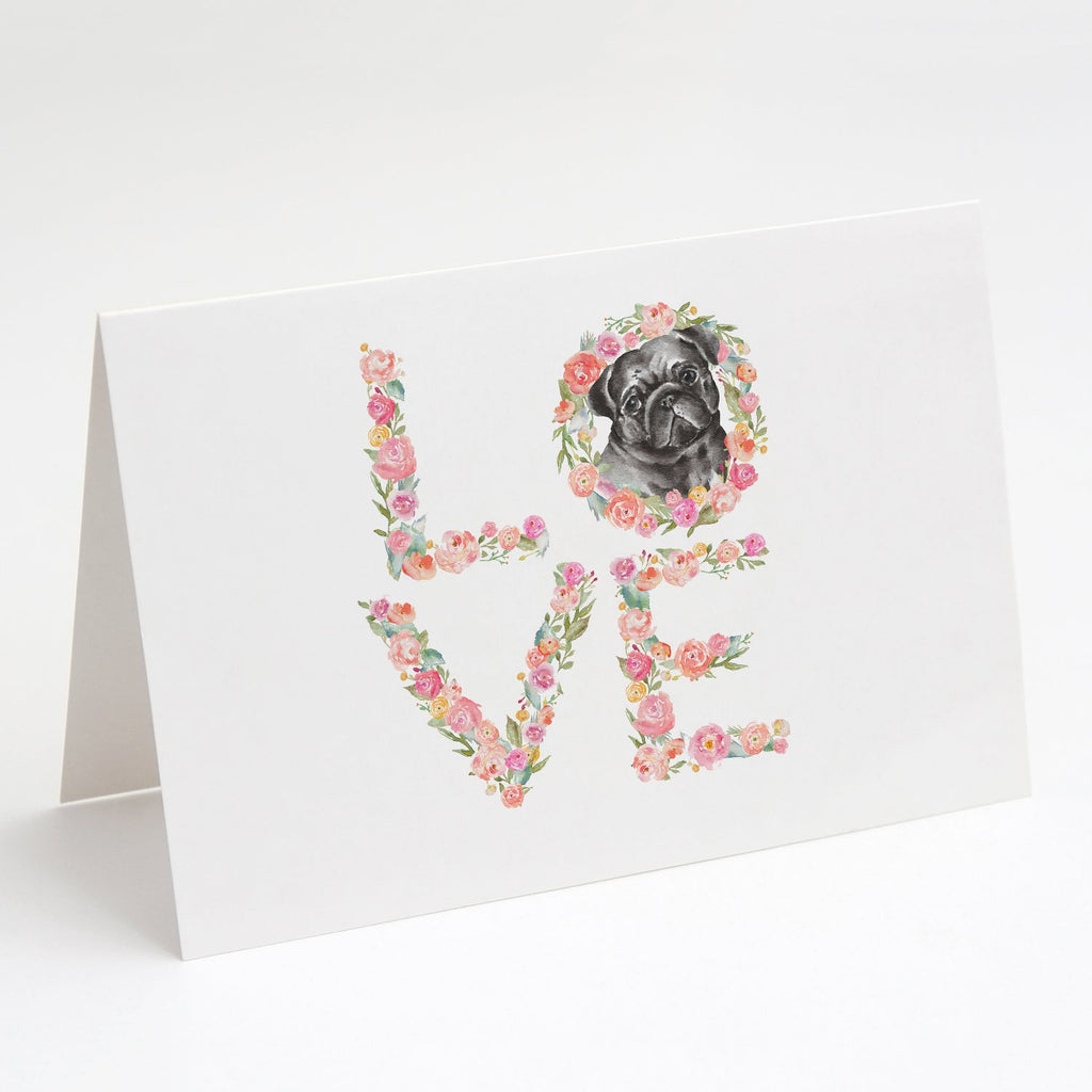 Pug #4 LOVE Greeting Cards Pack of 8 Blank Cards with Envelopes Whimsical A7 Size 5x7