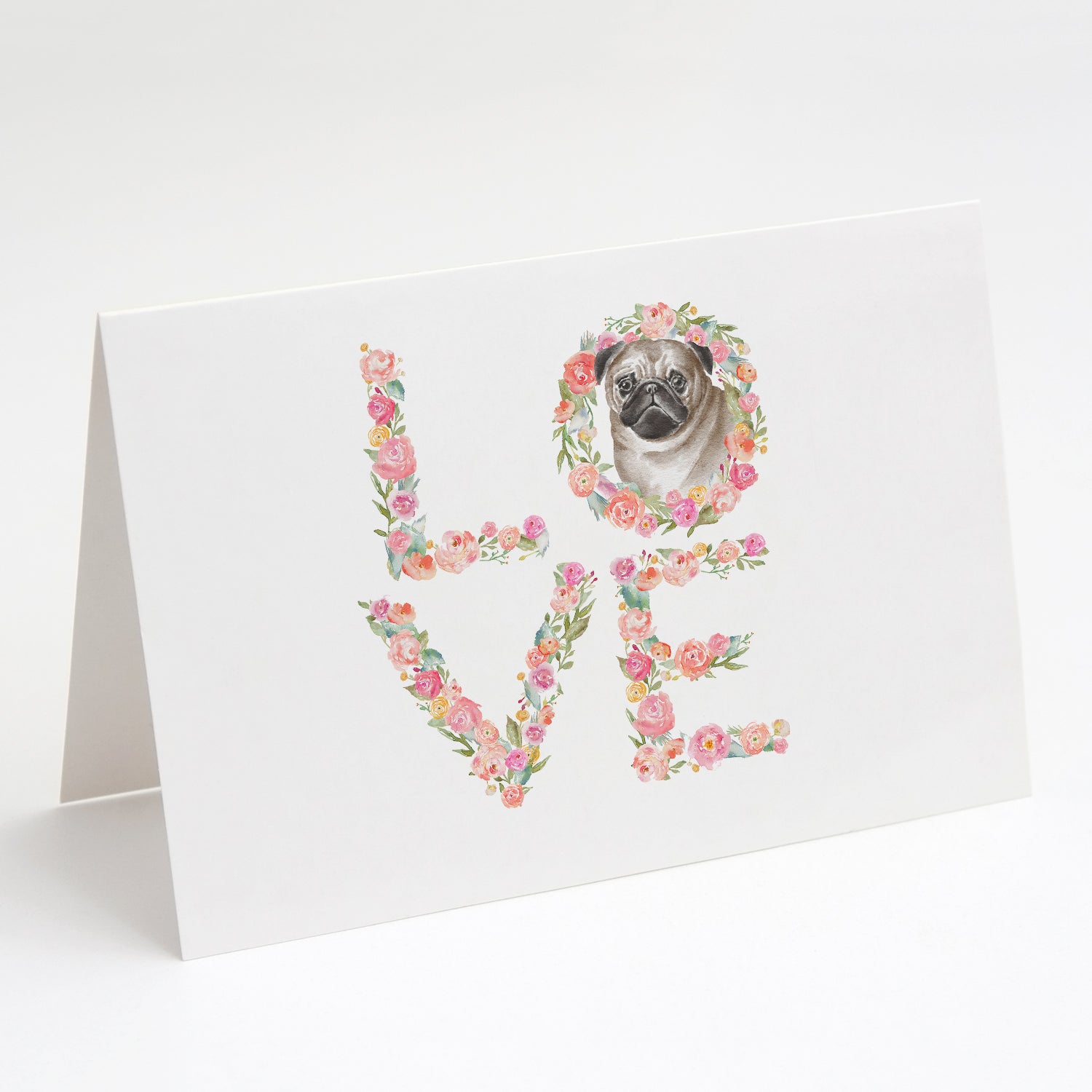 Pug #6 LOVE Greeting Cards Pack of 8 Blank Cards with Envelopes Whimsical A7 Size 5x7
