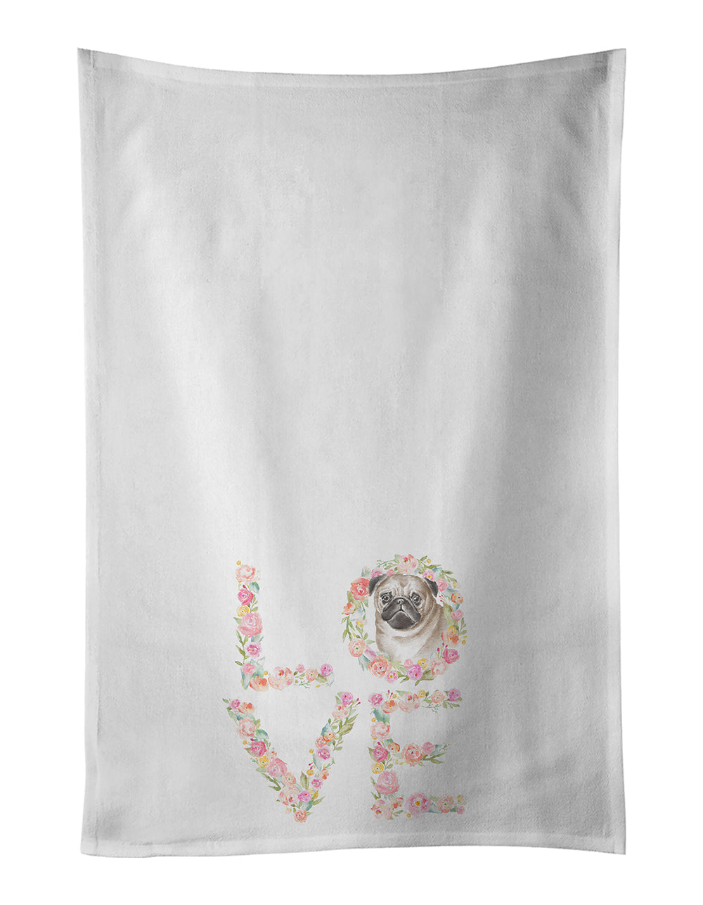 Pug #6 LOVE Kitchen Towel Set of 2 White Dish Towels Decorative Bathroom Hand towel for Hand, Face, Hair, Yoga, Tea, Dishcloth, 19 X 28", White