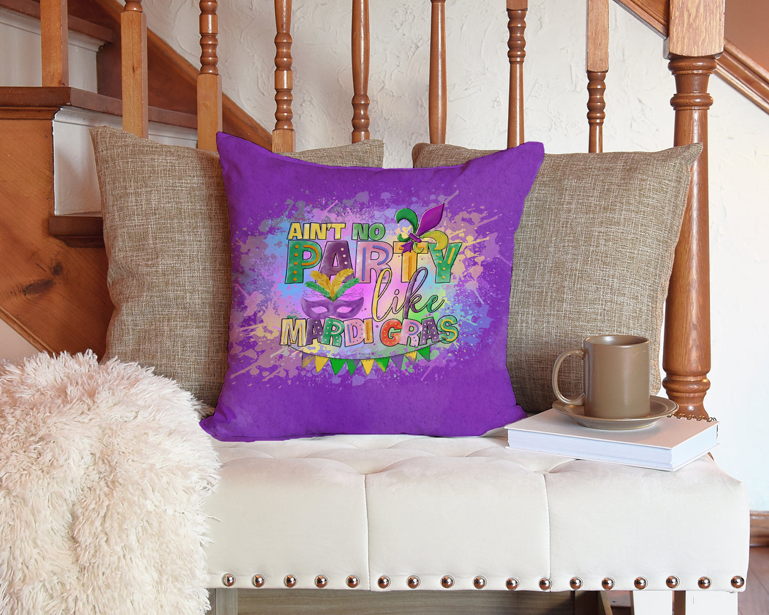 Ain't No Party Like Mardi Gras Decorative Throw Pillow 14x14 Indoor Outdoor Accent Cushion, Fabric Cover with Insert for Sofa, Bed, Porch & Living Room