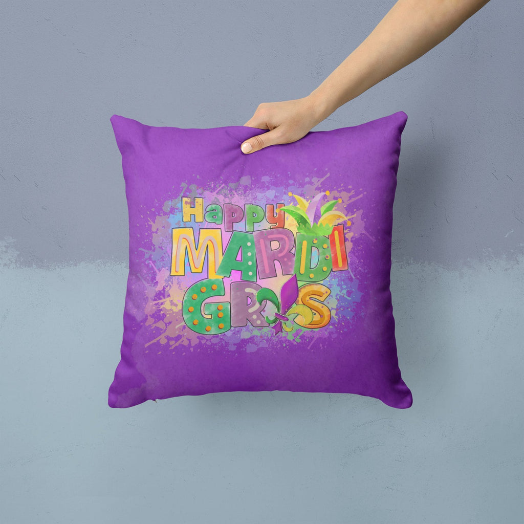Happy Mardi Gras Decorative Throw Pillow 14x14 Indoor Outdoor Accent Cushion, Fabric Cover with Insert for Sofa, Bed, Porch & Living Room