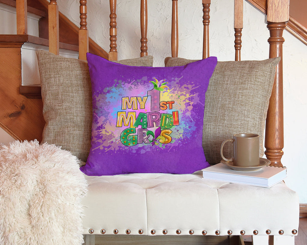 My 1st Mardi Gras Decorative Throw Pillow 14x14 Indoor Outdoor Accent Cushion, Fabric Cover with Insert for Sofa, Bed, Porch & Living Room