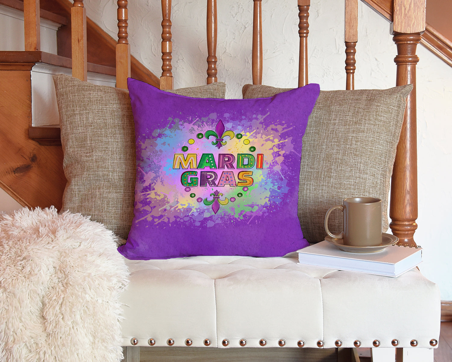 Mardi Gras Decorative Throw Pillow 14x14 Indoor Outdoor Accent Cushion, Fabric Cover with Insert for Sofa, Bed, Porch & Living Room