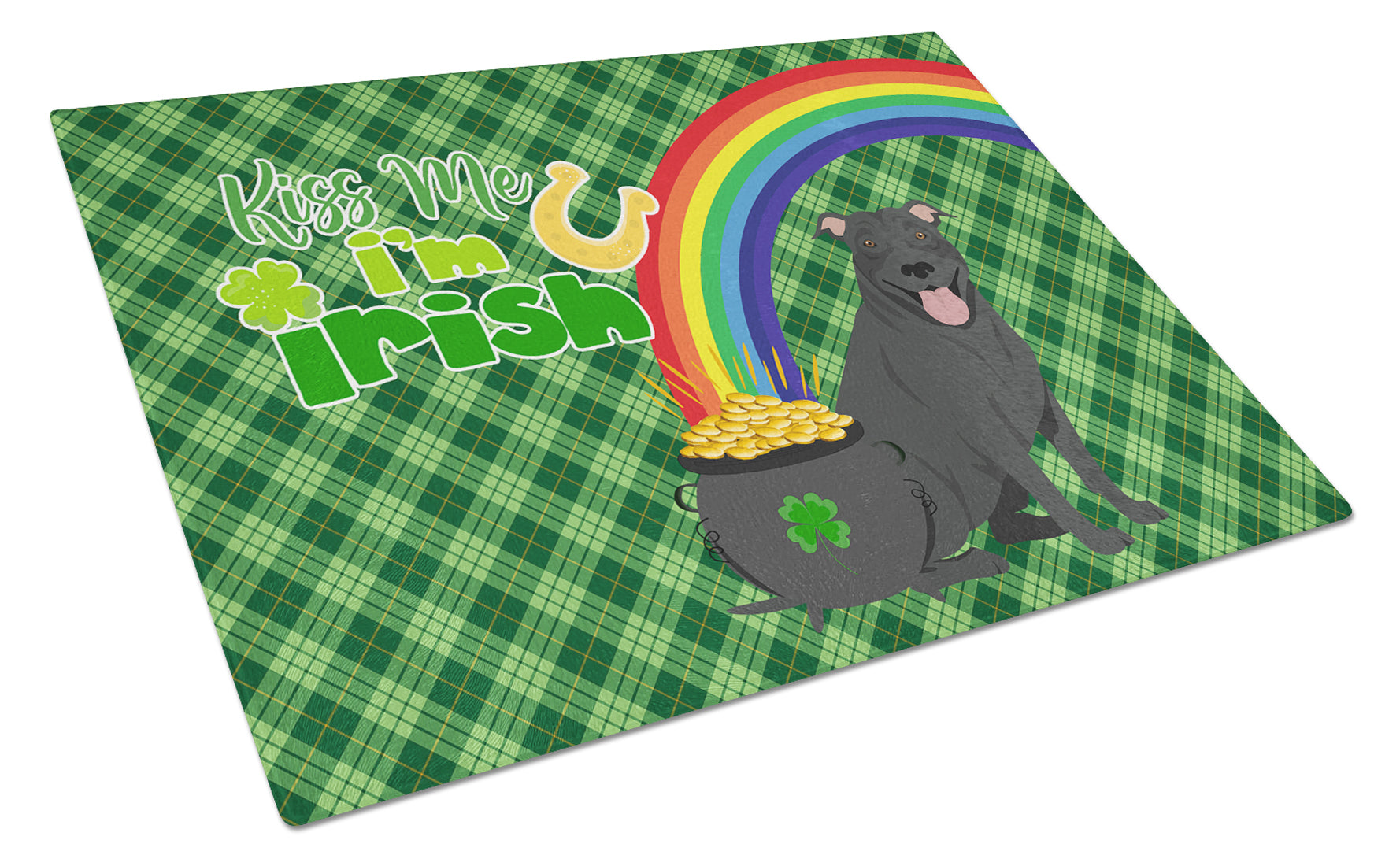 Black Pit Bull Terrier St. Patrick's Day Cutting Board Tempered Glass Kitchen Cutting Surface, Heat Resistant Chopping, Non-Slip Feet, Food Prep & Serving