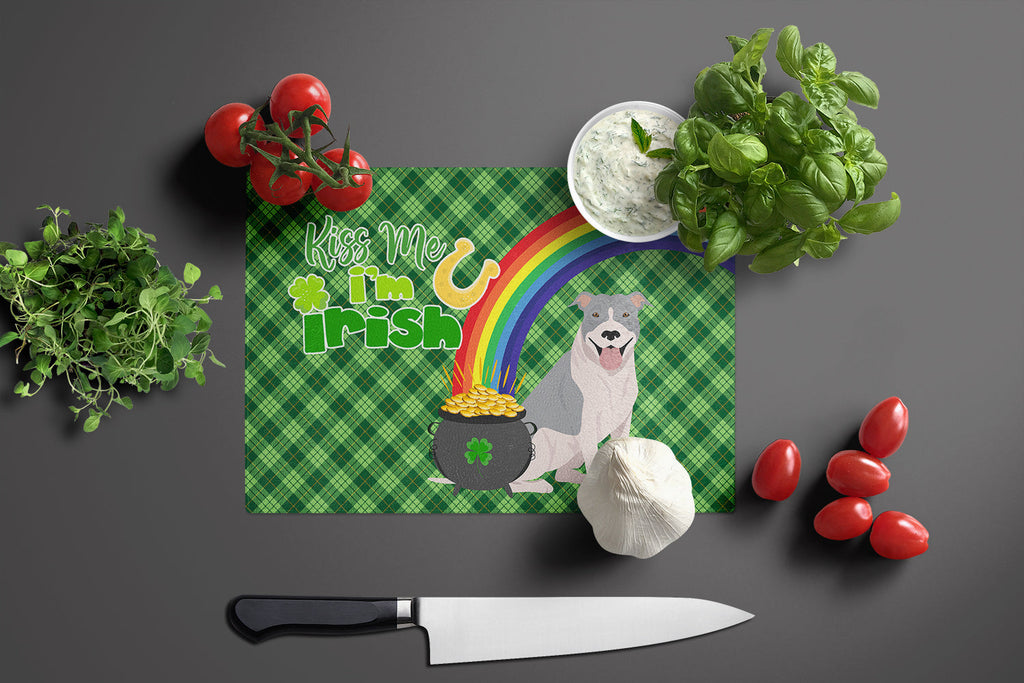 Blue and White Pit Bull Terrier St. Patrick's Day Cutting Board Tempered Glass Kitchen Cutting Surface, Heat Resistant Chopping, Non-Slip Feet, Food Prep & Serving