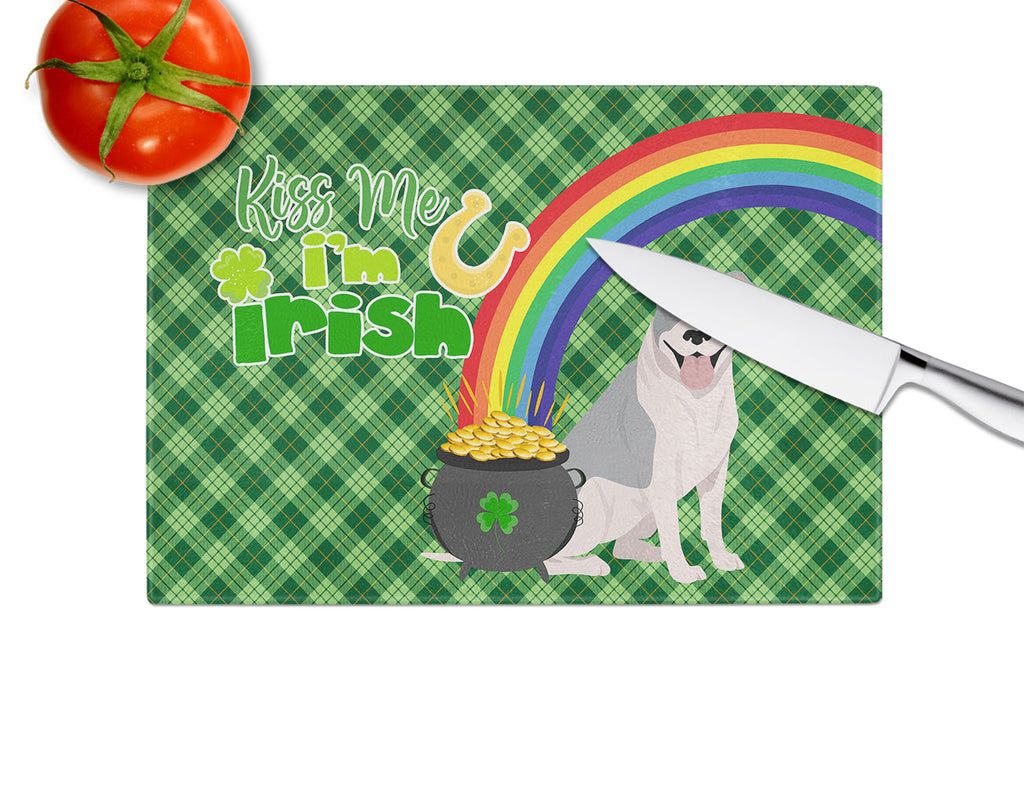 Blue and White Pit Bull Terrier St. Patrick's Day Cutting Board Tempered Glass Kitchen Cutting Surface, Heat Resistant Chopping, Non-Slip Feet, Food Prep & Serving