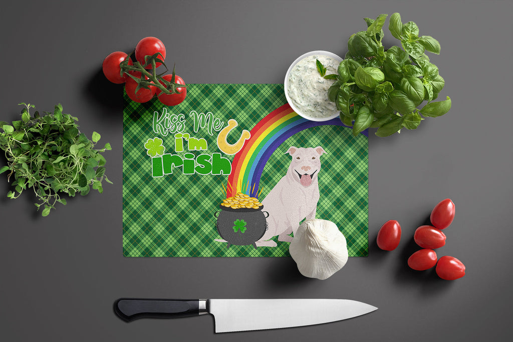 White Pit Bull Terrier St. Patrick's Day Cutting Board Tempered Glass Kitchen Cutting Surface, Heat Resistant Chopping, Non-Slip Feet, Food Prep & Serving