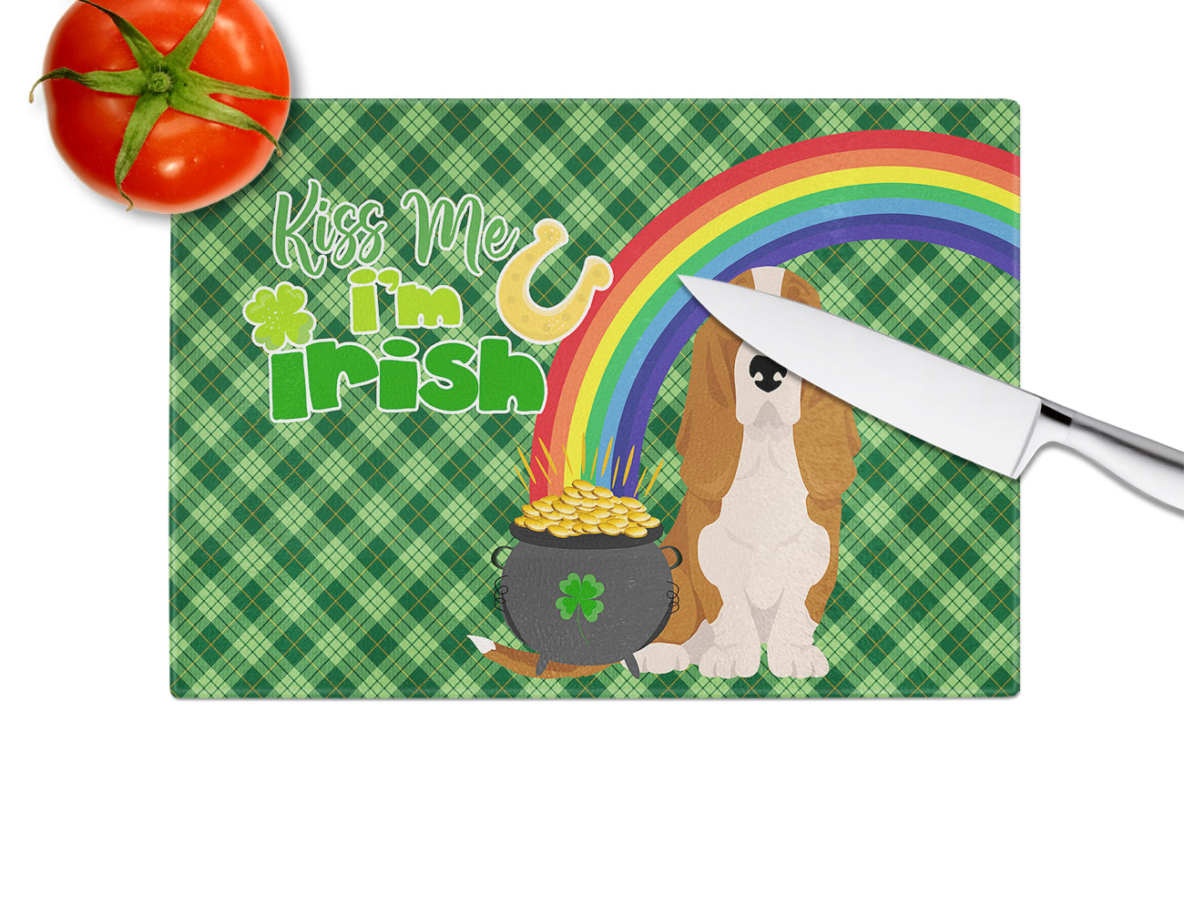 Red and White Tricolor Basset Hound St. Patrick's Day Cutting Board Tempered Glass Kitchen Cutting Surface, Heat Resistant Chopping, Non-Slip Feet, Food Prep & Serving