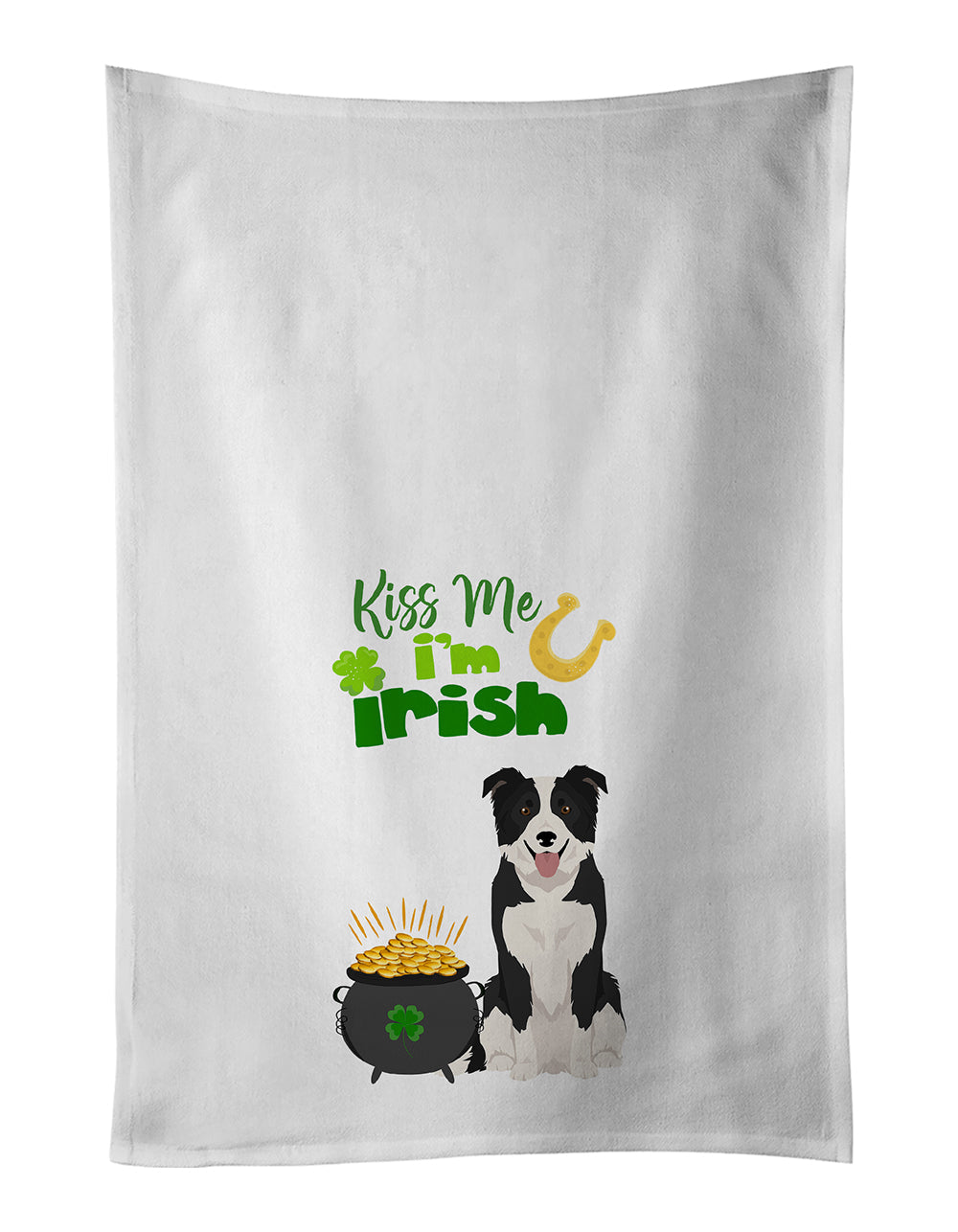Black and White Border Collie St. Patrick's Day Kitchen Towel Set of 2 White Dish Towels Decorative Bathroom Hand towel for Hand, Face, Hair, Yoga, Tea, Dishcloth, 19 X 28", White